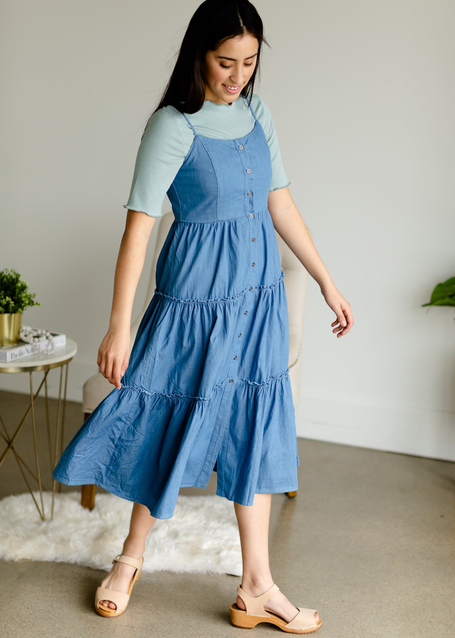 Denim Button Front Tiered Midi Dress - FINAL SALE Dresses