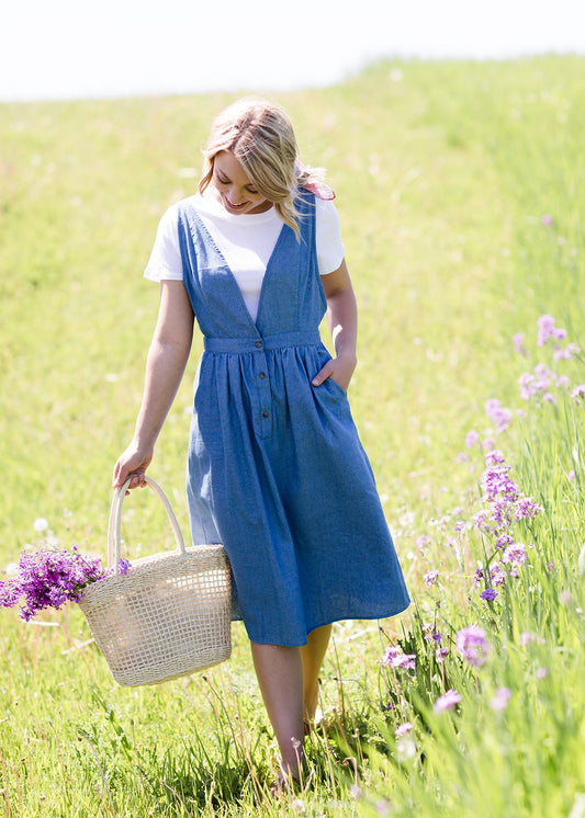 women's denim v neck button front dress