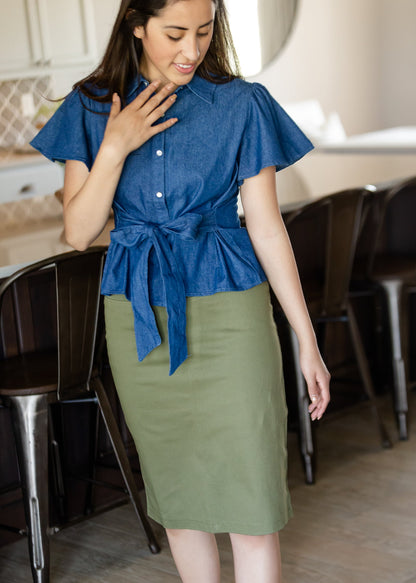 Denim Flutter Sleeve Front Tie Shirt - FINAL SALE Tops