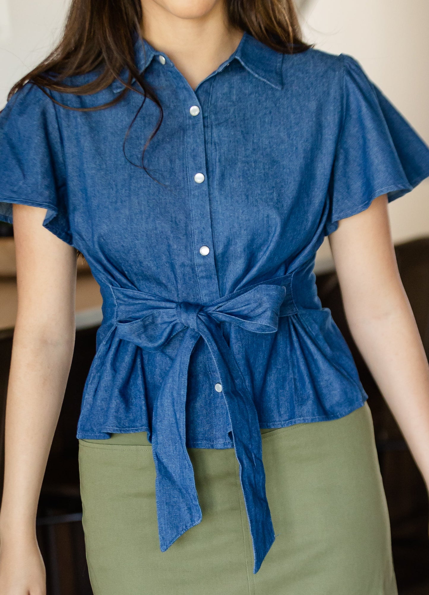 Denim Flutter Sleeve Front Tie Shirt - FINAL SALE Tops