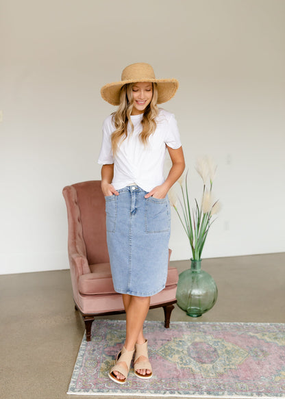 Denim High Waisted Square Pocket Skirt Skirts