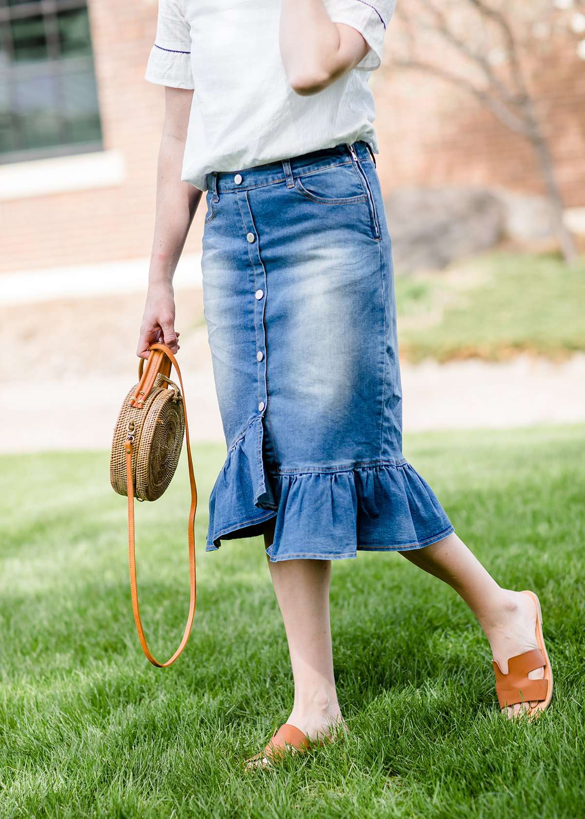 denim ruffle midi jean skirt