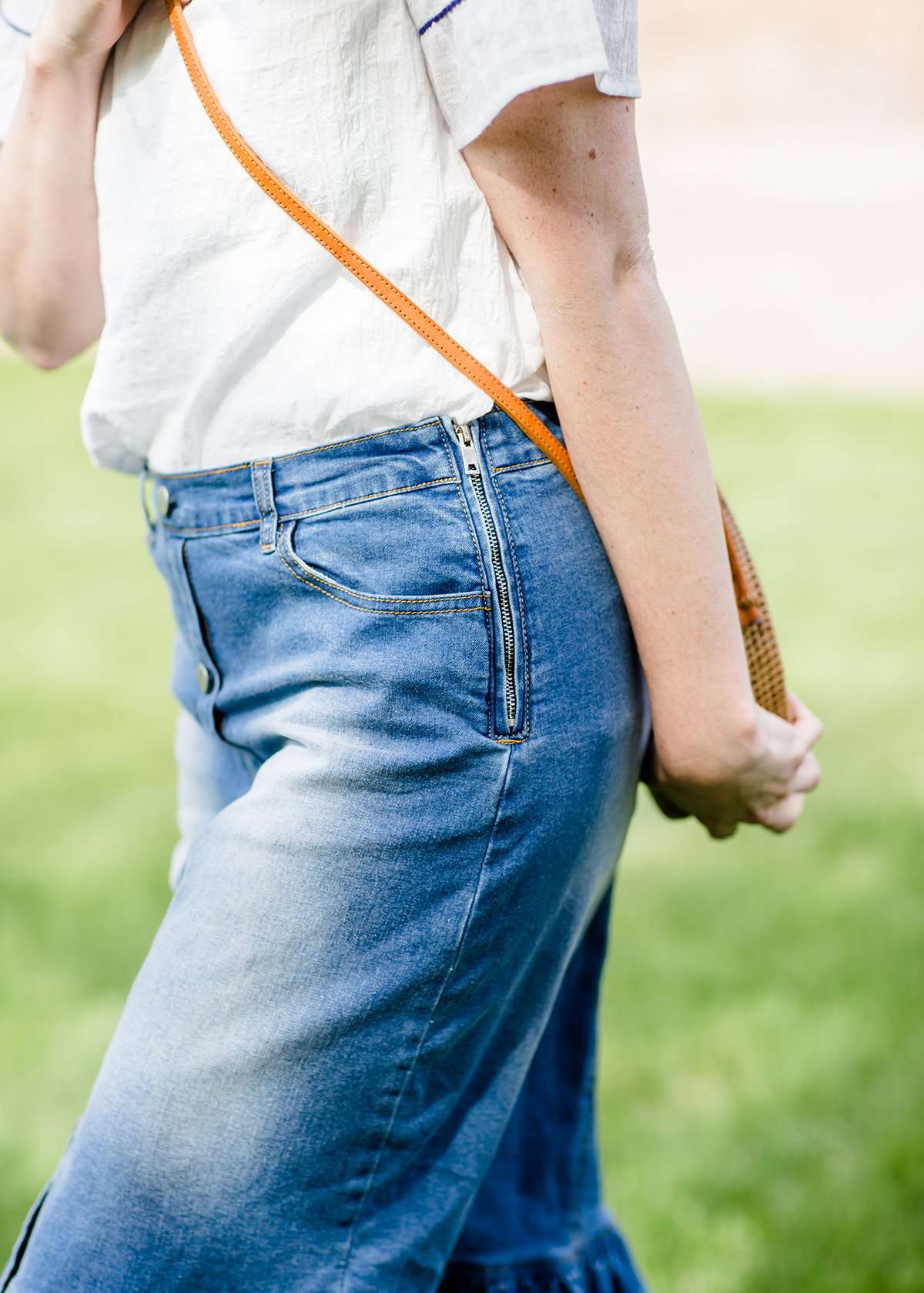 denim ruffle midi jean skirt