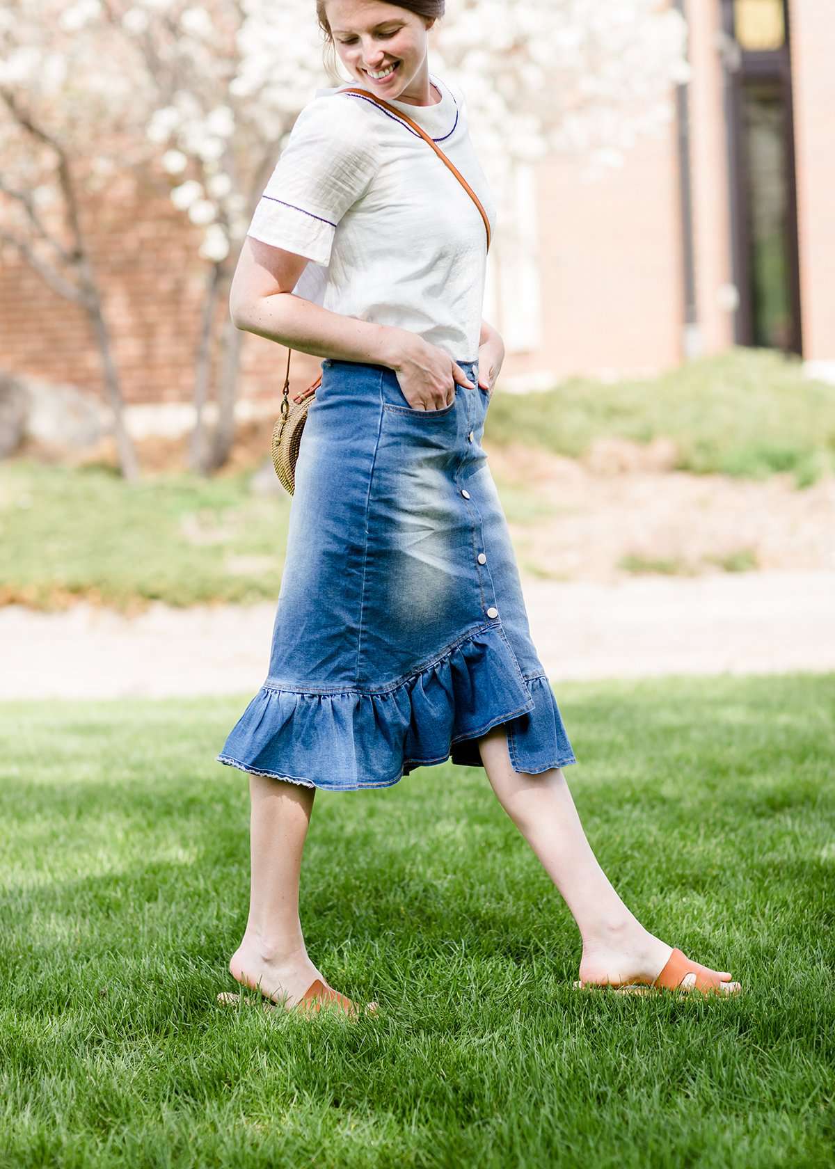 denim ruffle midi jean skirt