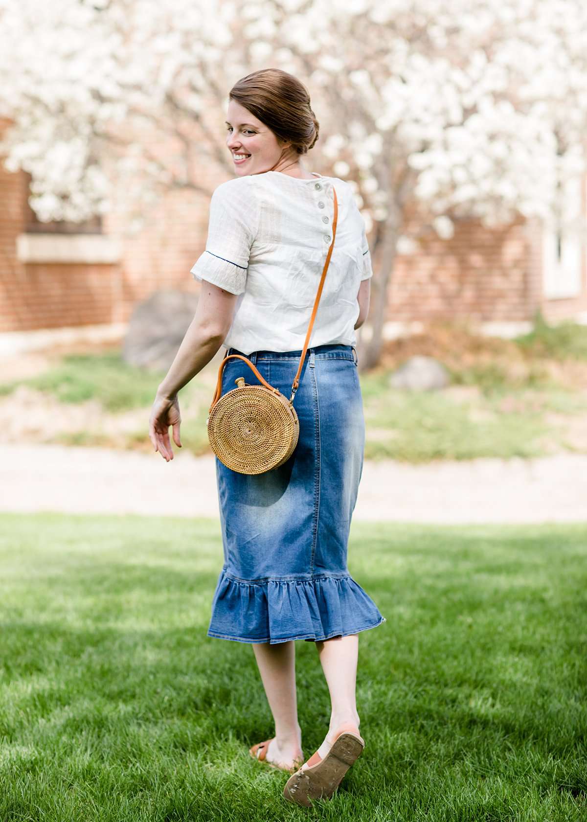 denim ruffle midi jean skirt