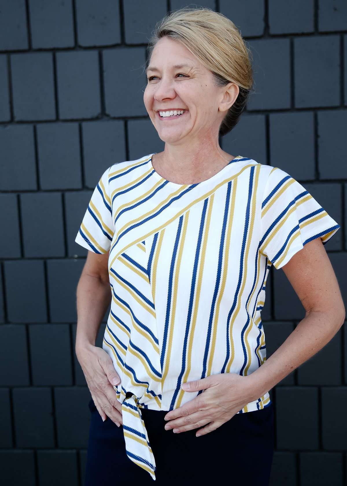 blue and yellow striped tie front top