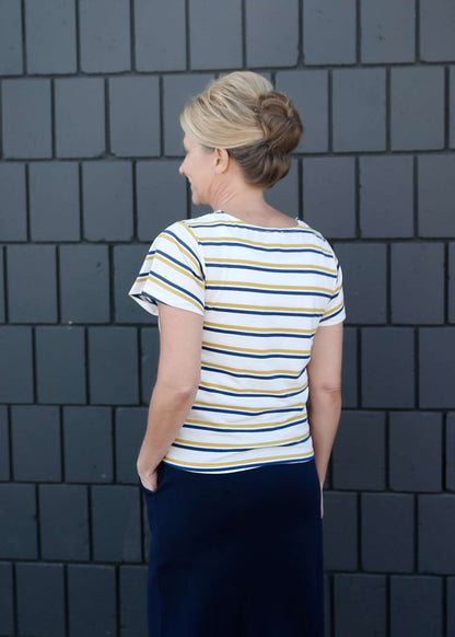 blue and yellow striped tie front top