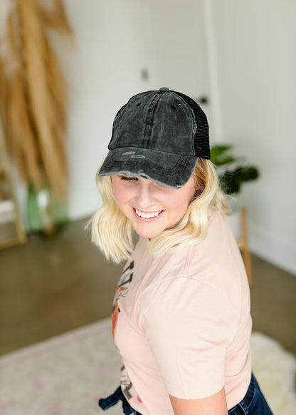 Distressed Messy Bun Hat - FINAL SALE Accessories