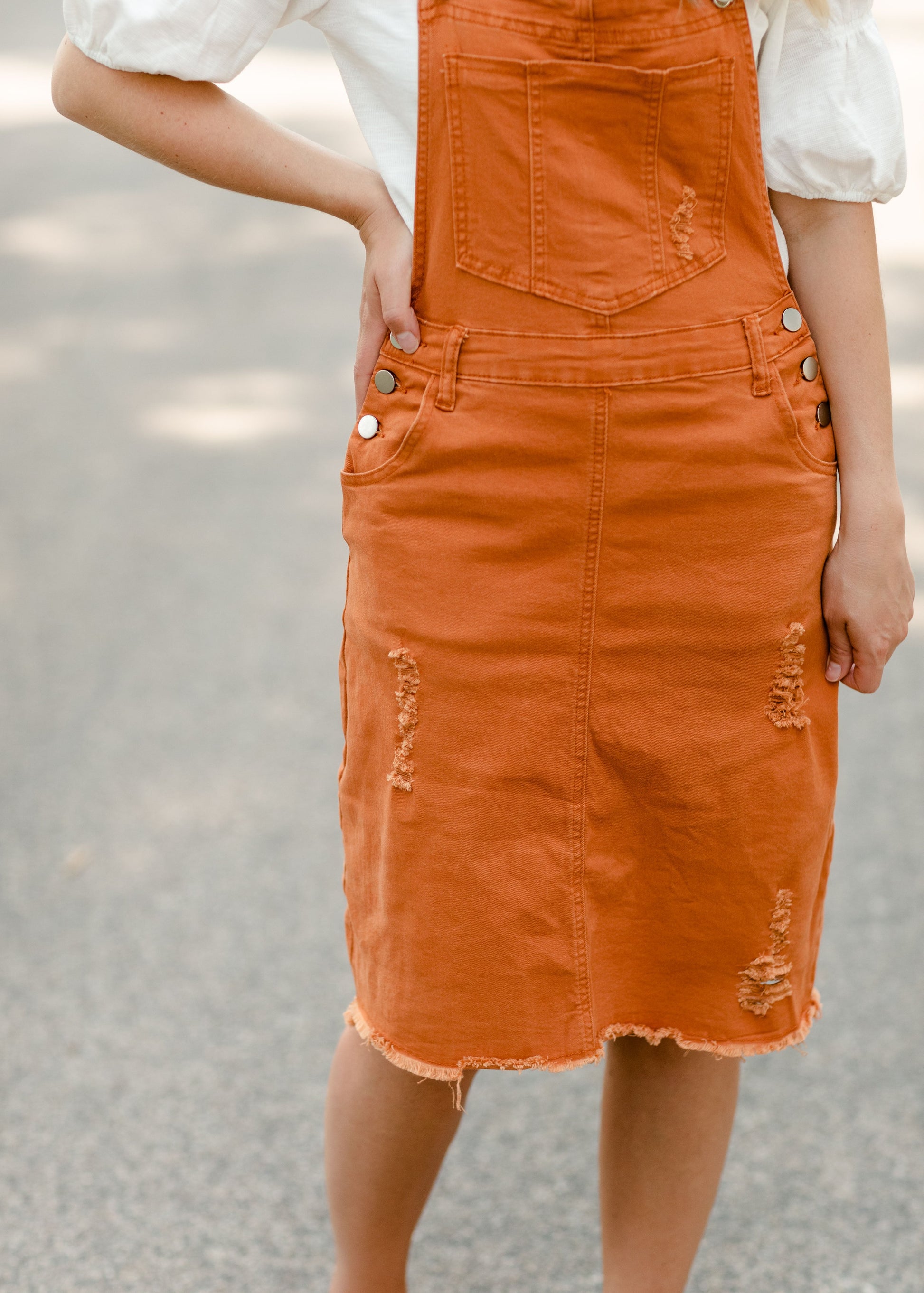 Distressed Orange Overall Midi Dress Dresses