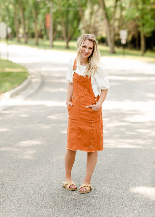 Distressed Orange Overall Midi Dress Dresses