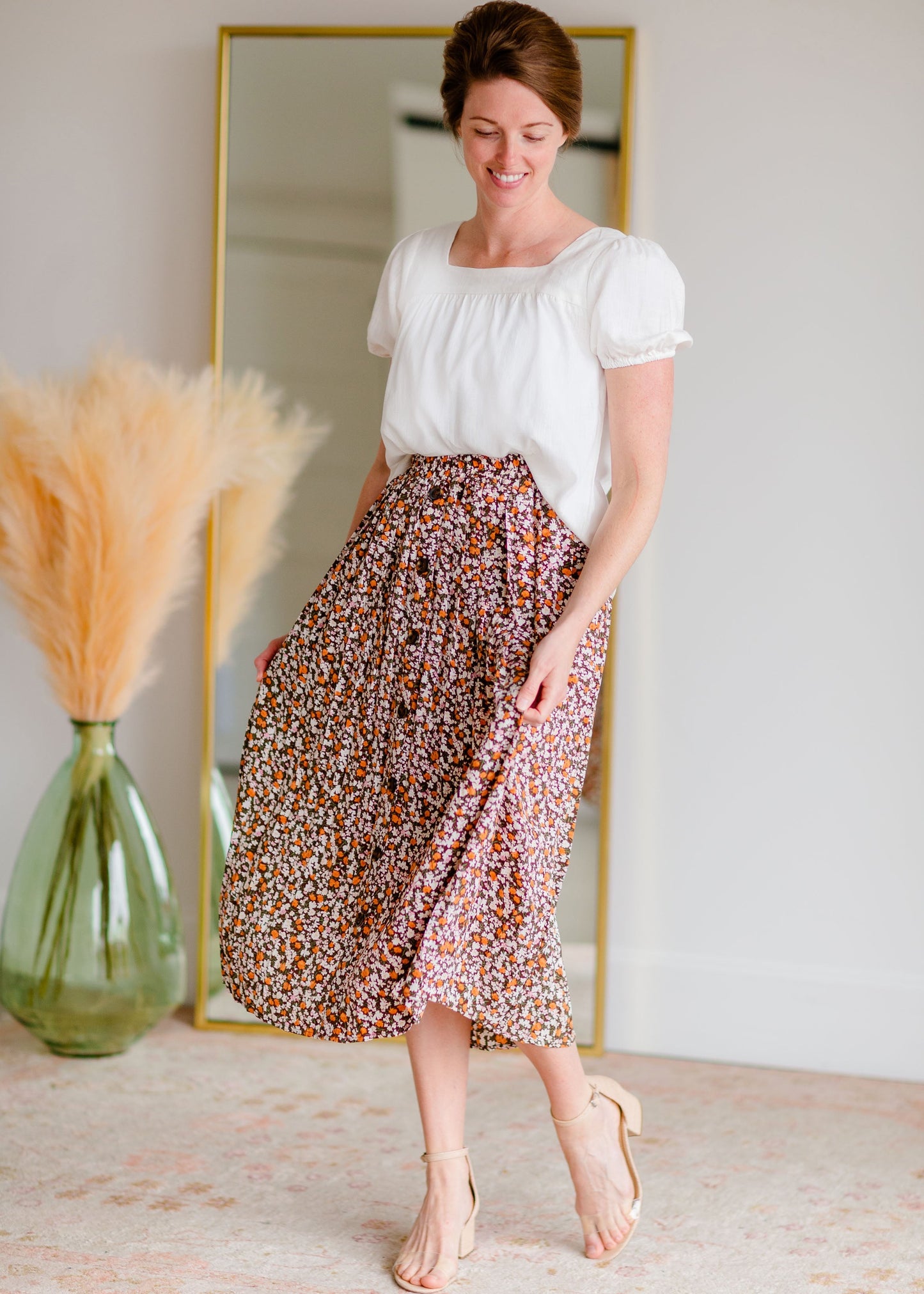 Ditsy Print Button Front Pleated Midi Skirt Skirts Hayden Los Angeles