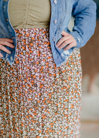 Ditsy Print Button Front Pleated Midi Skirt Skirts Hayden Los Angeles