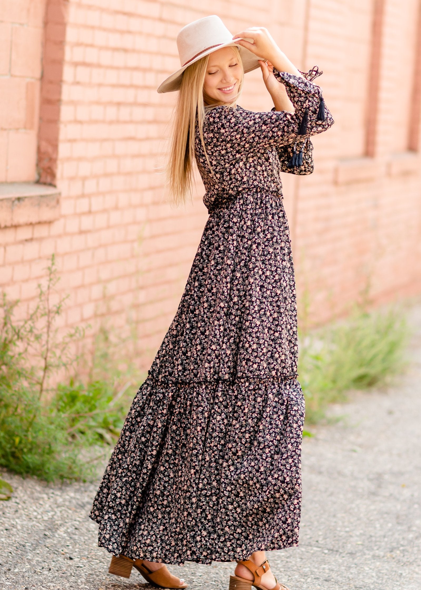 Ditsy Print Floral Tie Sleeve Maxi Dress Dresses Mikarose