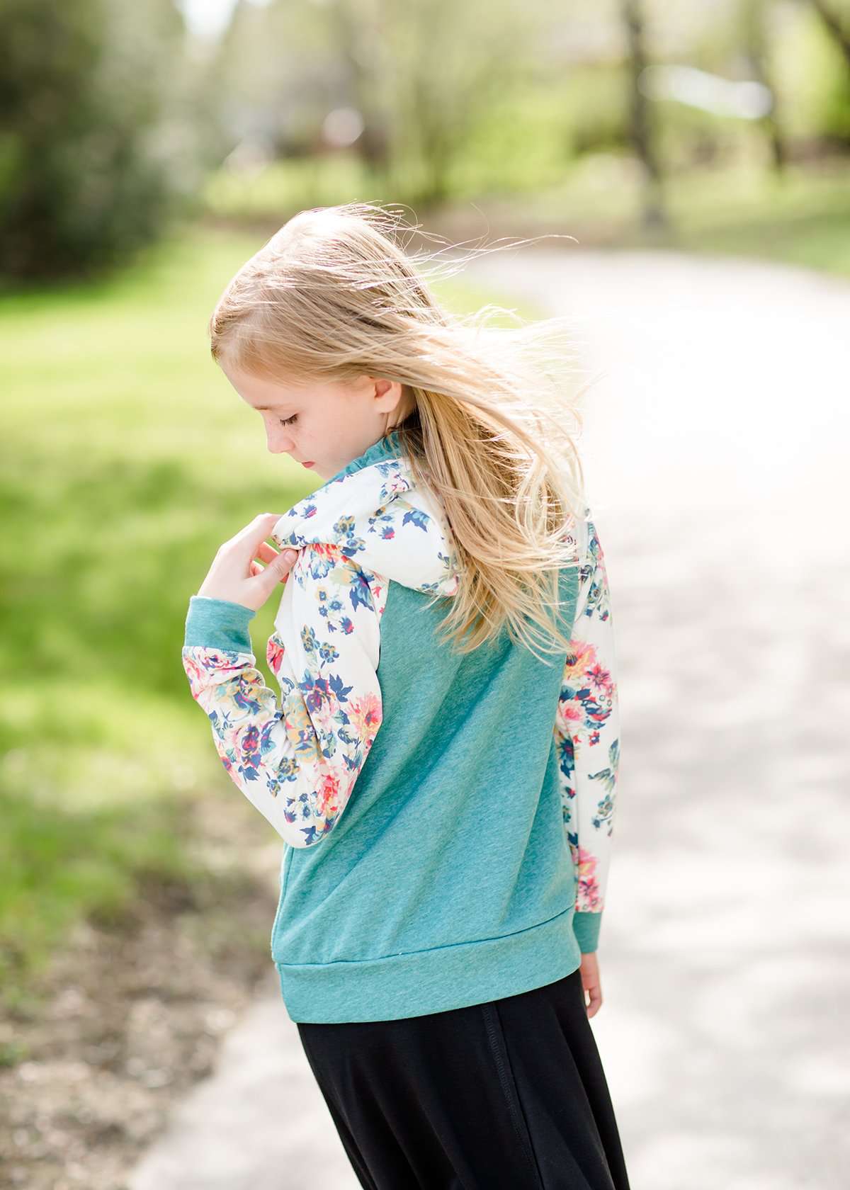 teal and floral doublehood girls sweatshirt