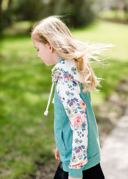 teal and floral doublehood girls sweatshirt