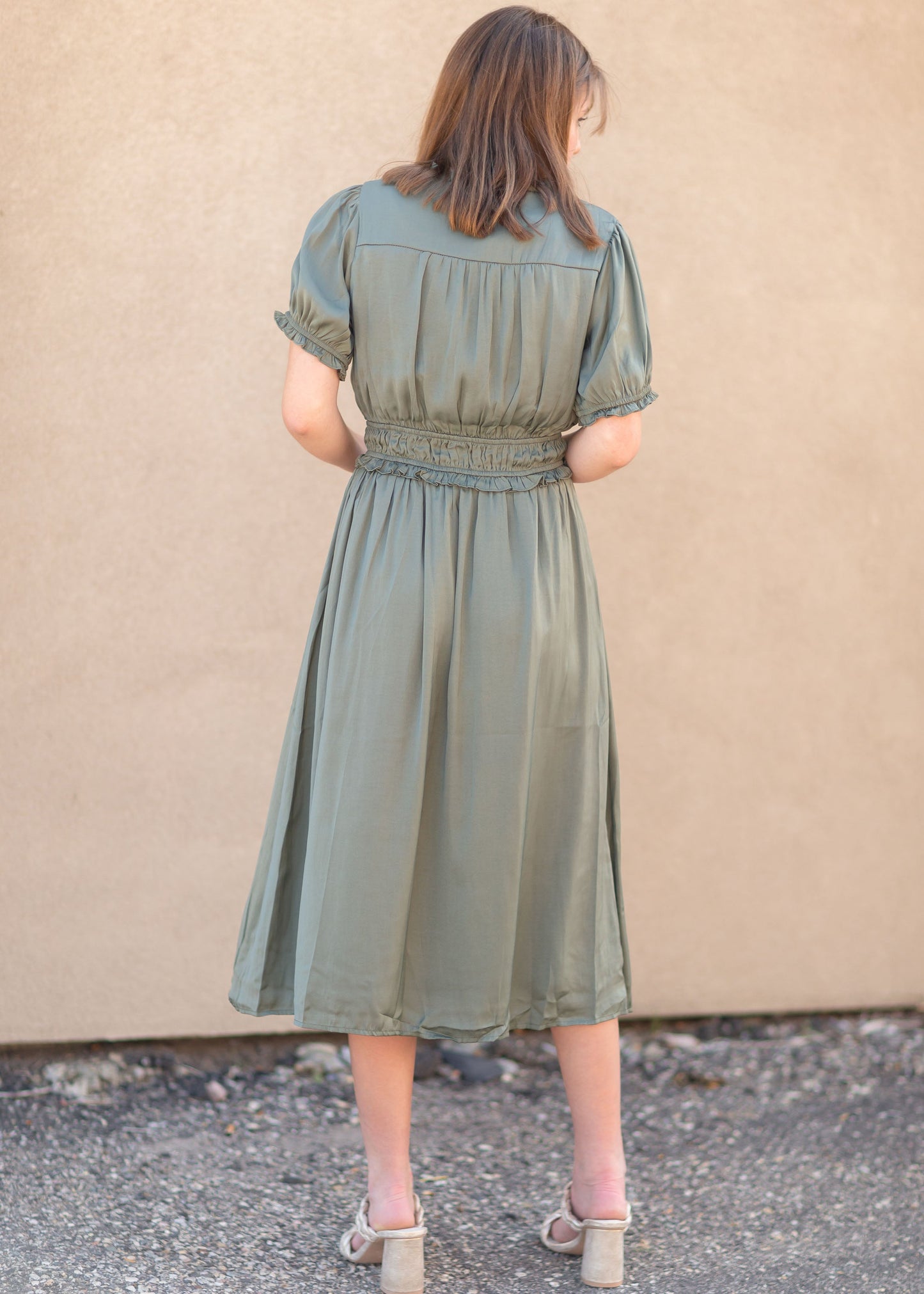 Dull Satin Ruffled Midi Dress Dresses