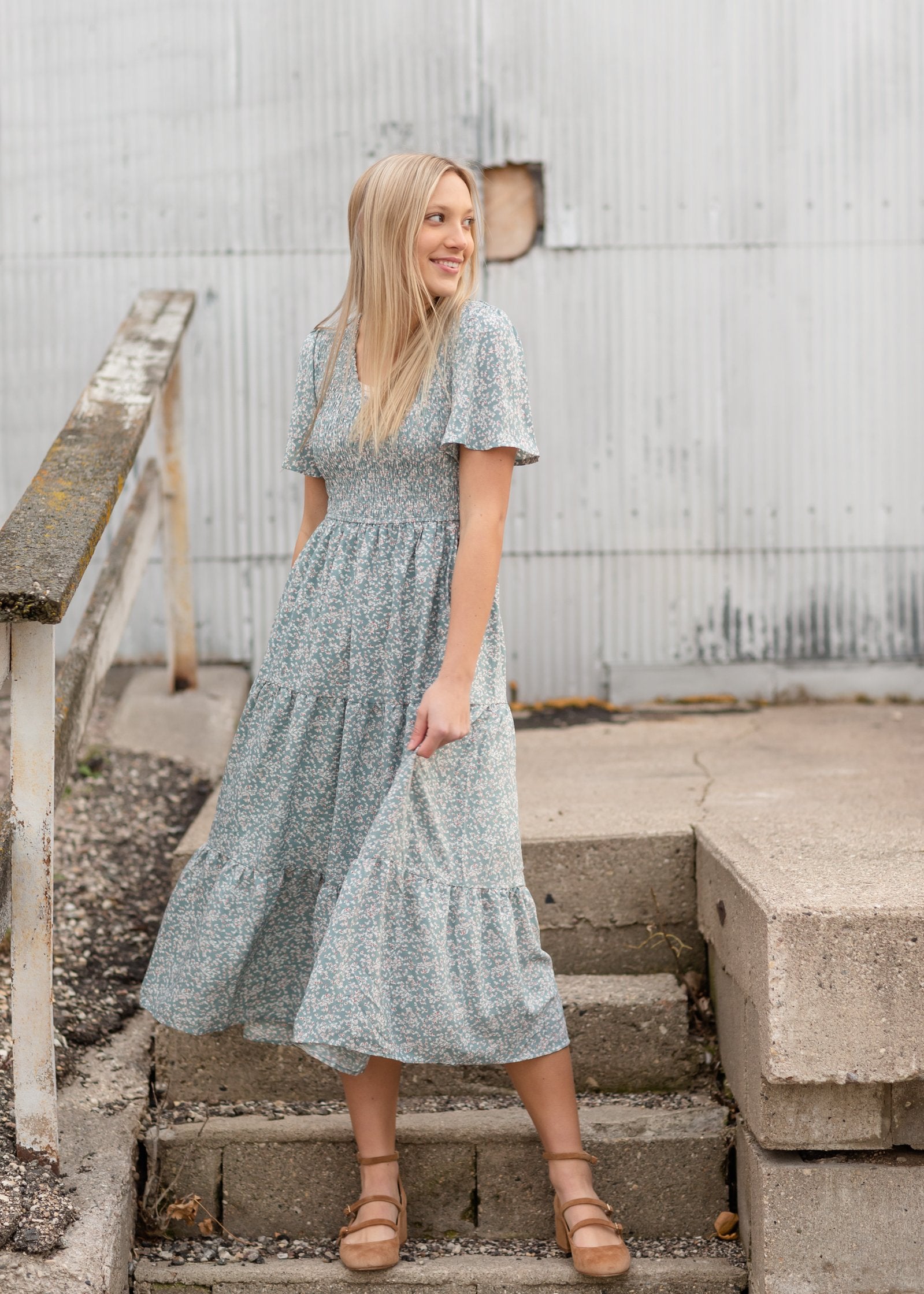 Dusty Blue Smocked V-Neck Tiered Midi Dress Dresses Polagram + BaeVely