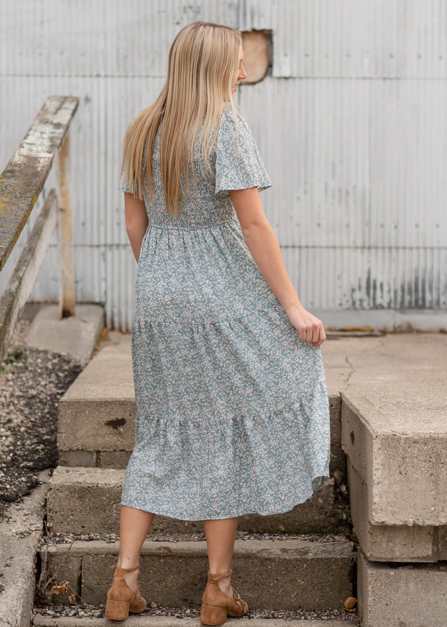 Dusty Blue Smocked V-Neck Tiered Midi Dress Dresses Polagram + BaeVely