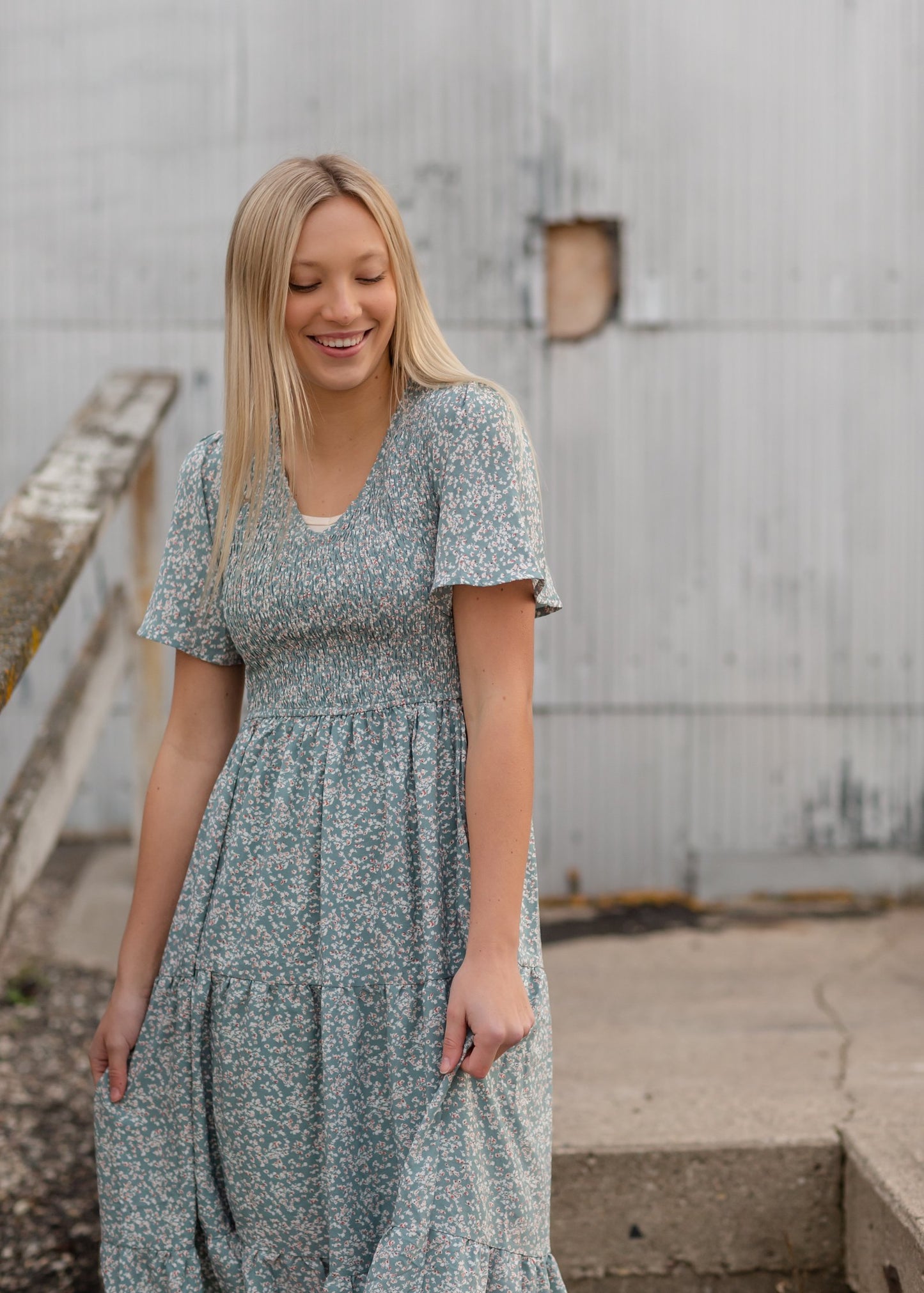 Dusty Blue Smocked V-Neck Tiered Midi Dress Dresses Polagram + BaeVely