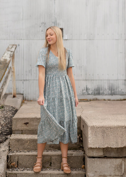 Dusty Blue Smocked V-Neck Tiered Midi Dress Dresses Polagram + BaeVely