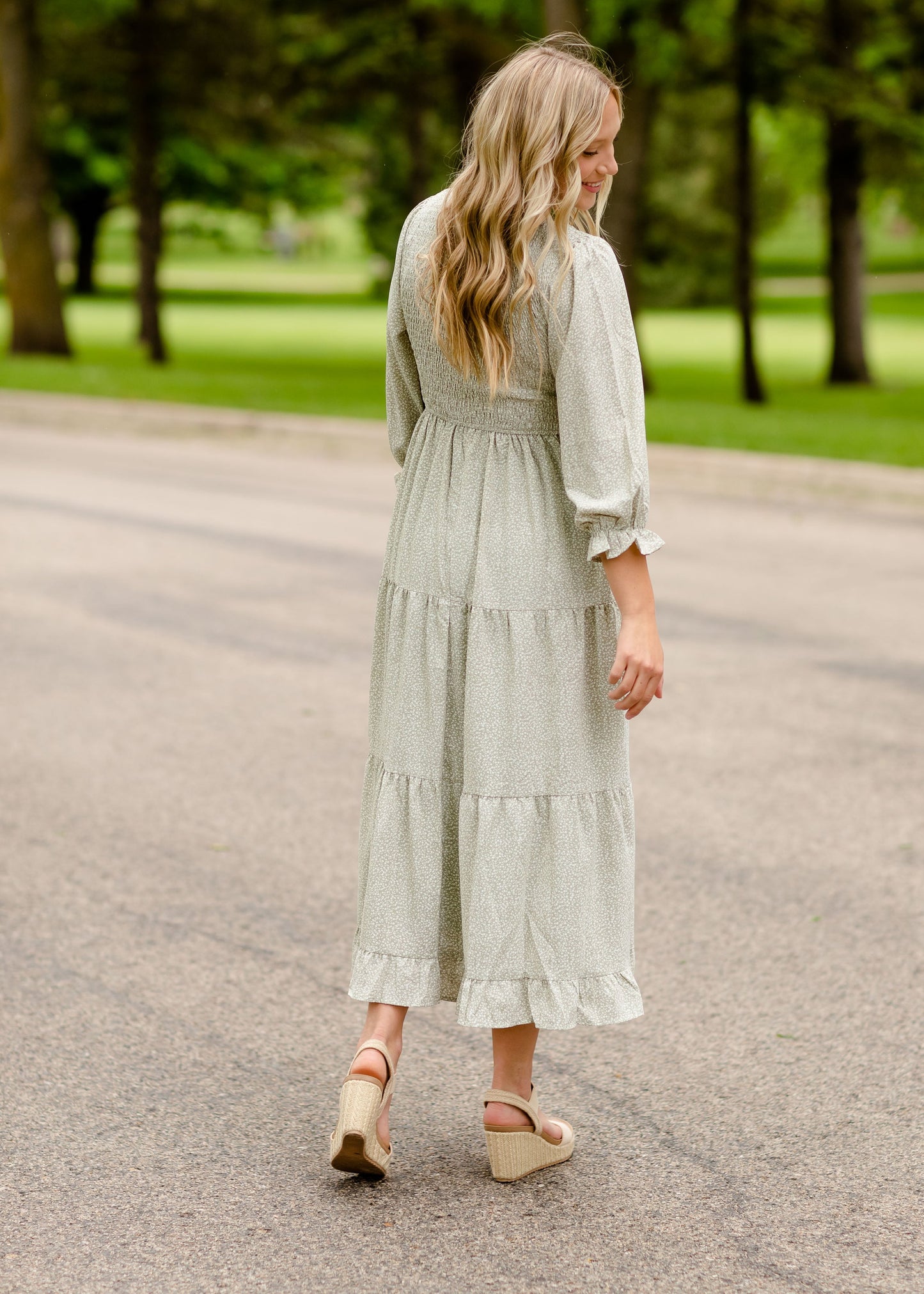 Dusty Olive Smocked Bodice Midi Dress Dresses