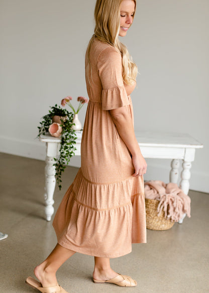 Dusty Peach Tiered Knit Midi Dress Dresses