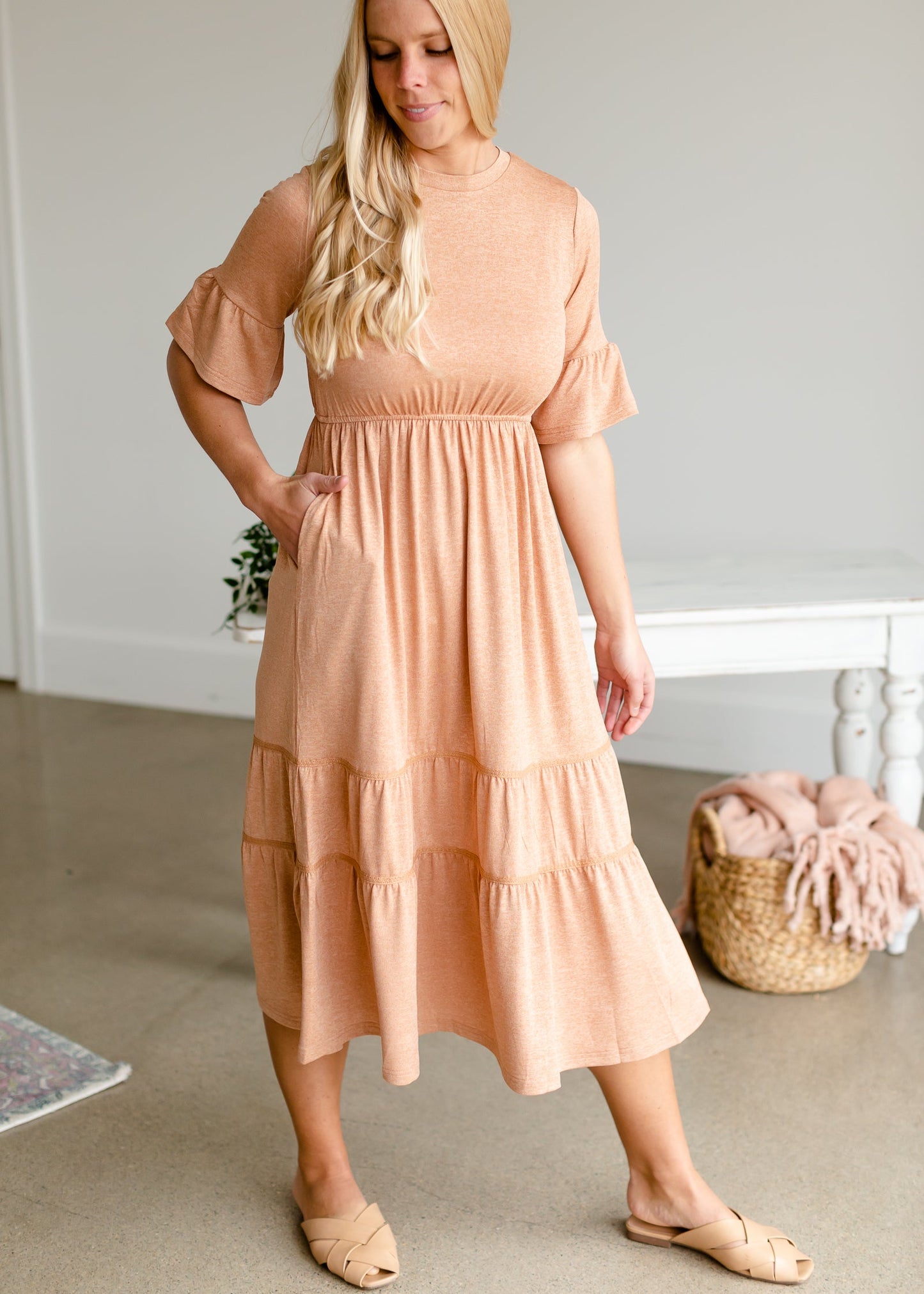 Dusty Peach Tiered Knit Midi Dress Dresses