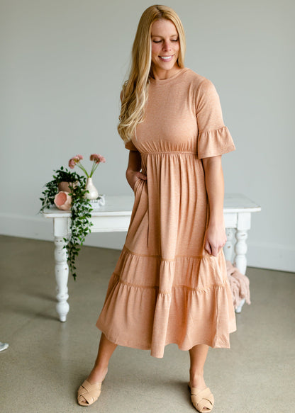 Dusty Peach Tiered Knit Midi Dress Dresses