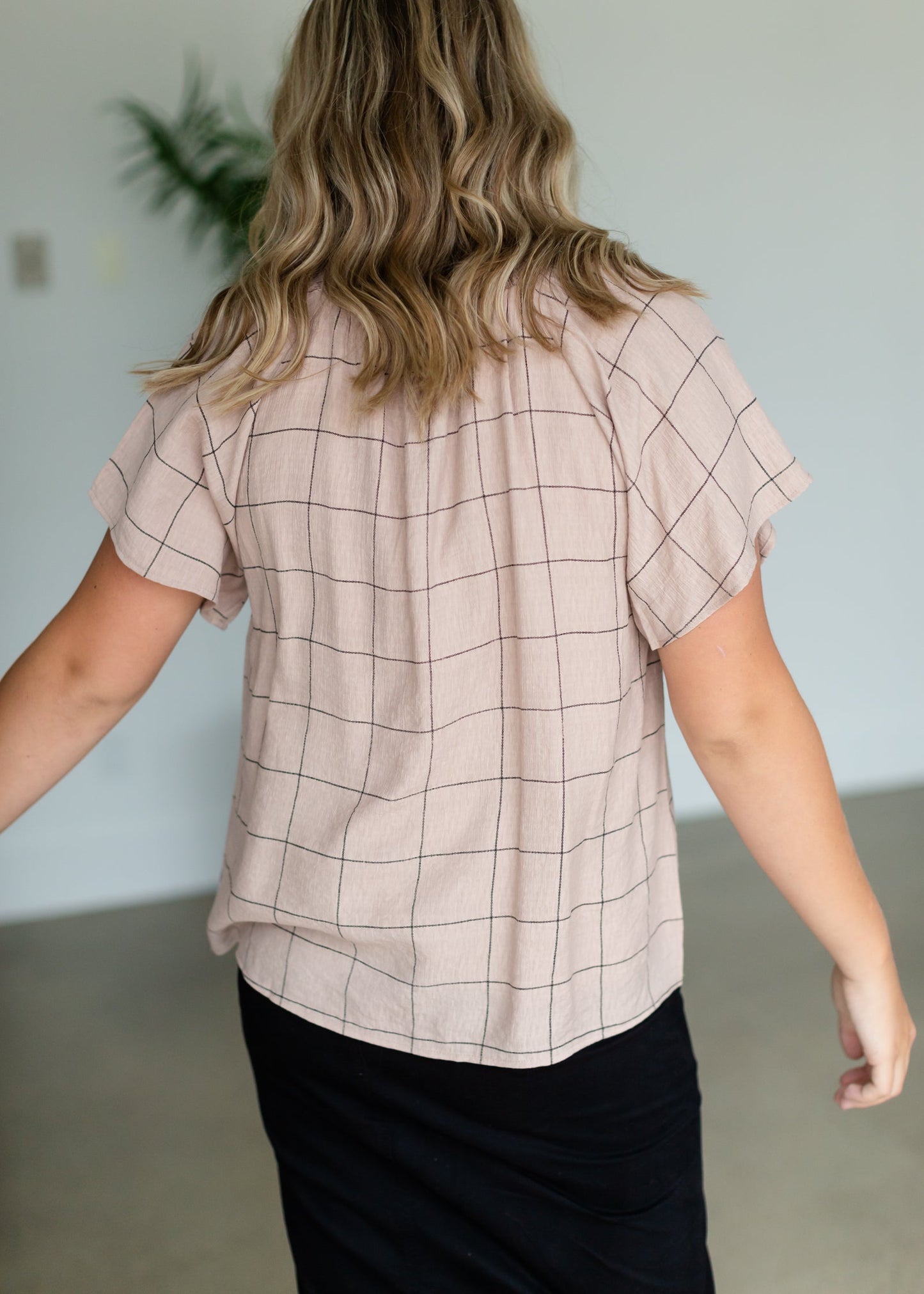 Dusty Pink Windowpane Smocked Neck Top - FINAL SALE Tops