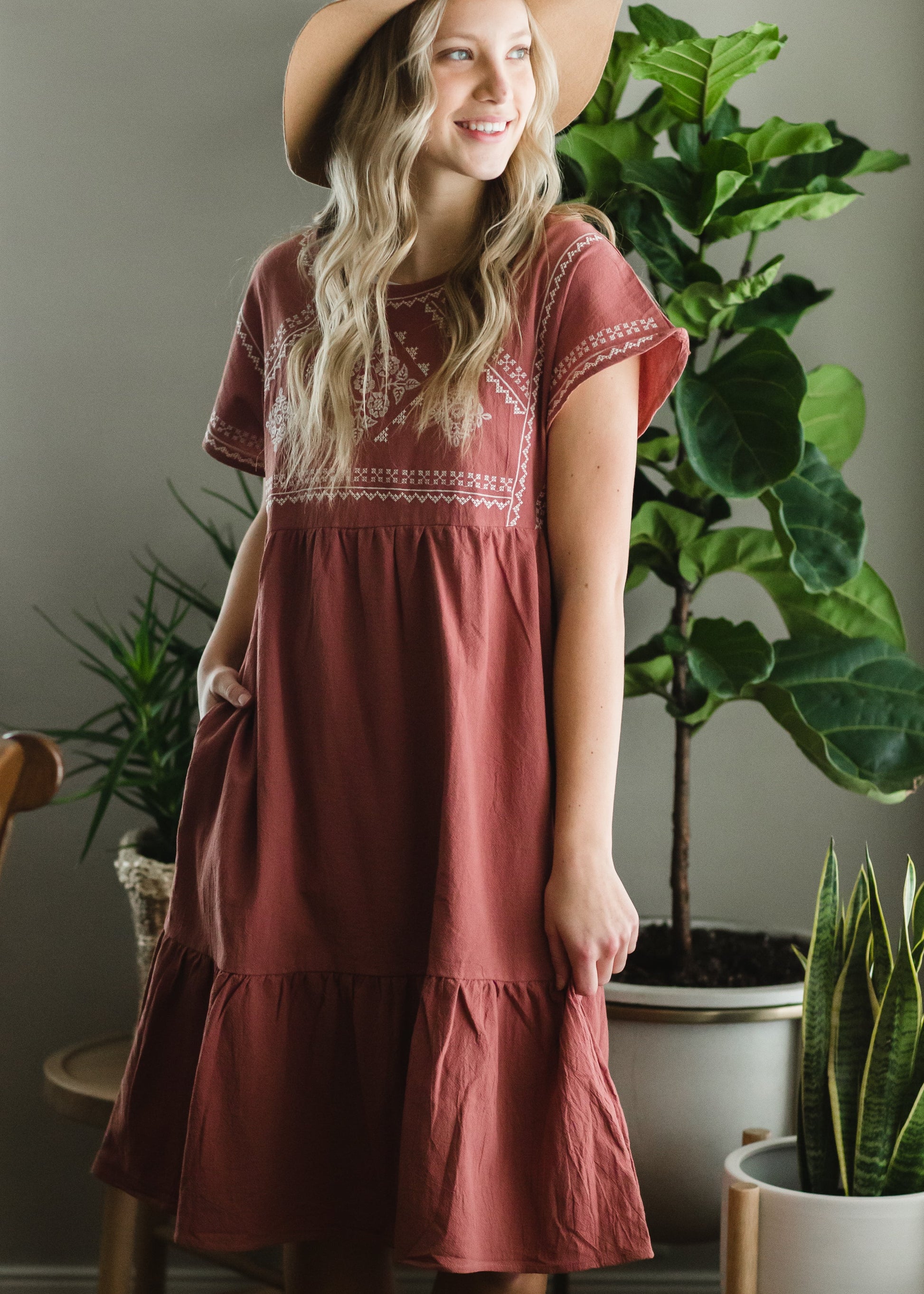 Dusty Rose Embroidered Midi Dress Dresses