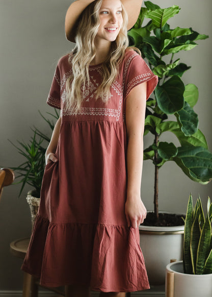 Dusty Rose Embroidered Midi Dress Dresses