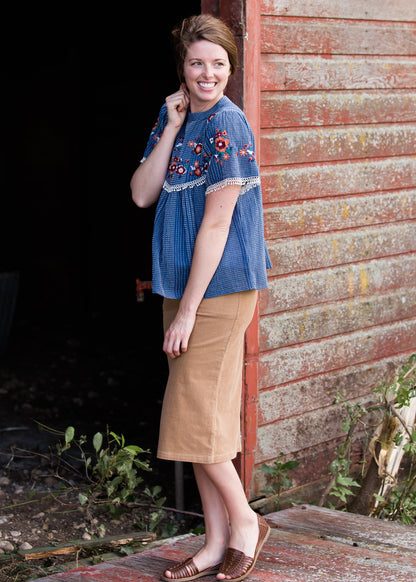 Blue Embroidered Floral Striped Top