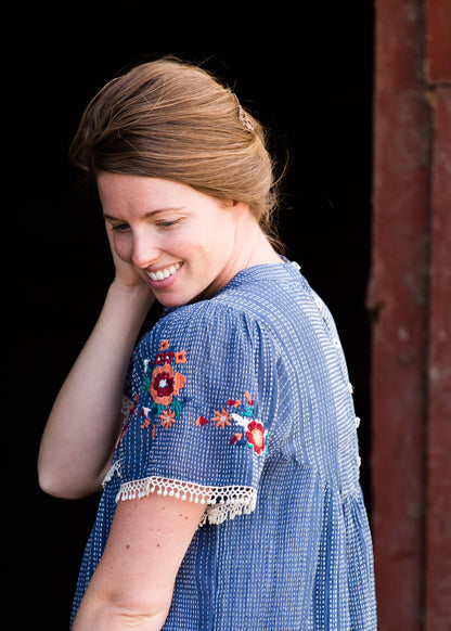 Blue Embroidered Floral Striped Top