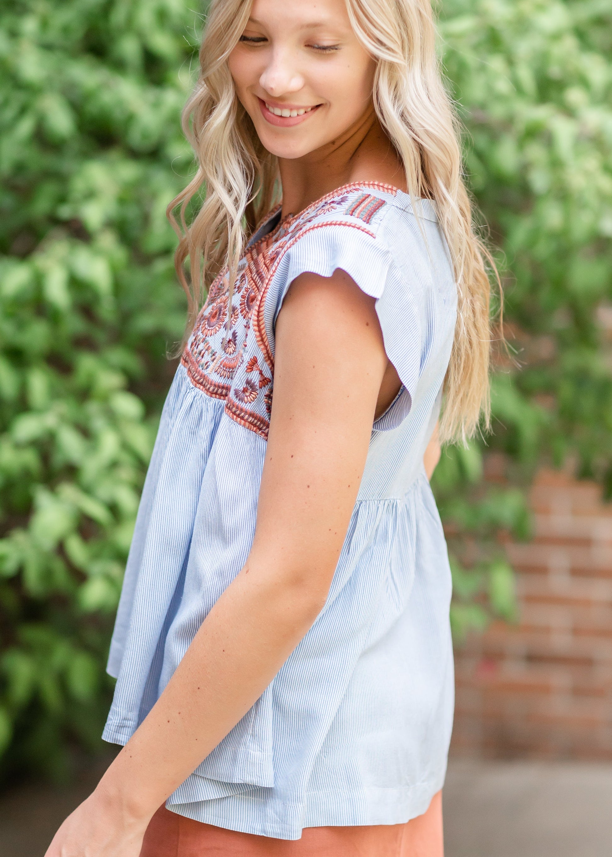 Embroidered Flutter Sleeve Blouse Tops