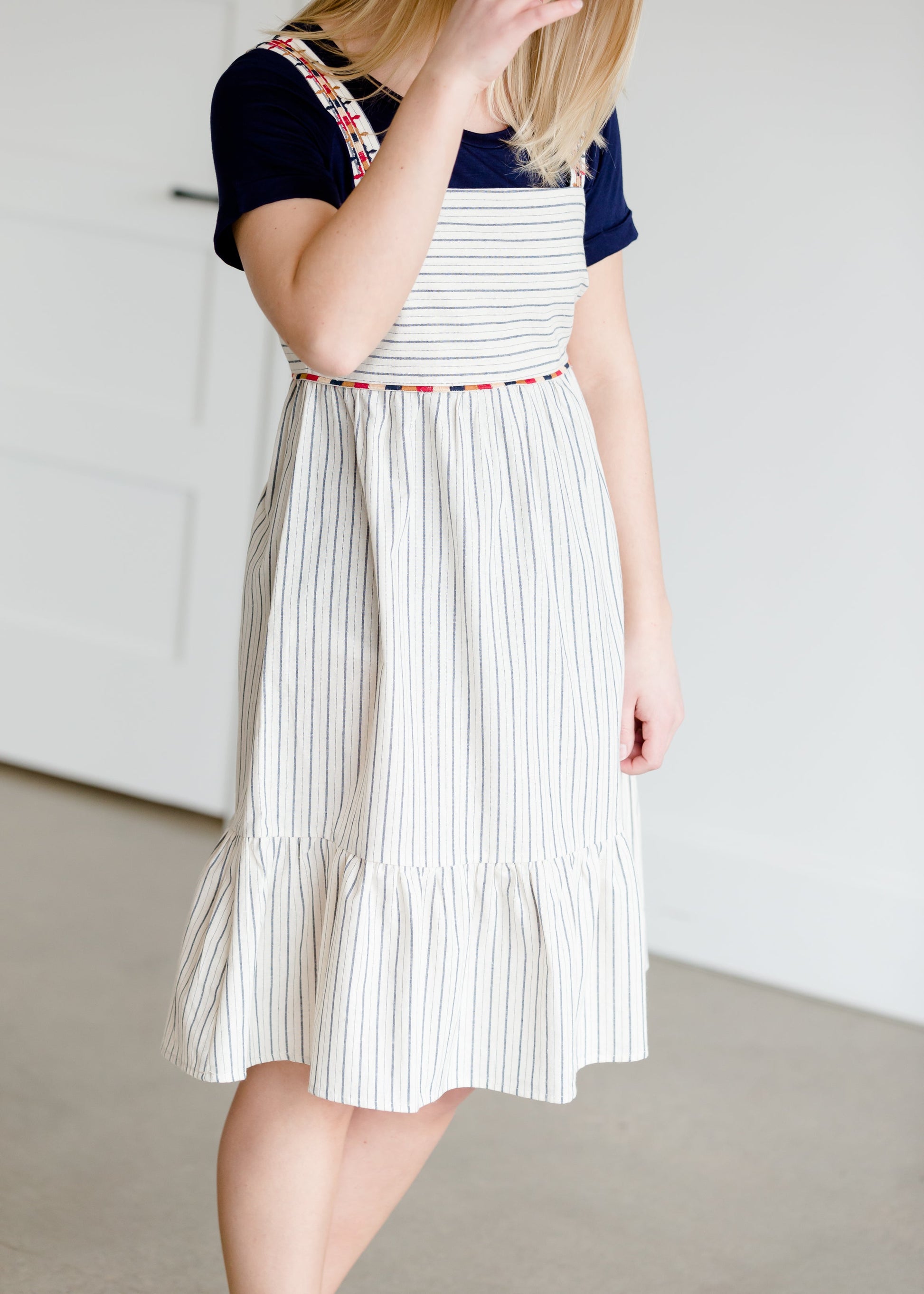 Embroidered Ruffle Striped Jumper Midi Dress - FINAL SALE Dresses