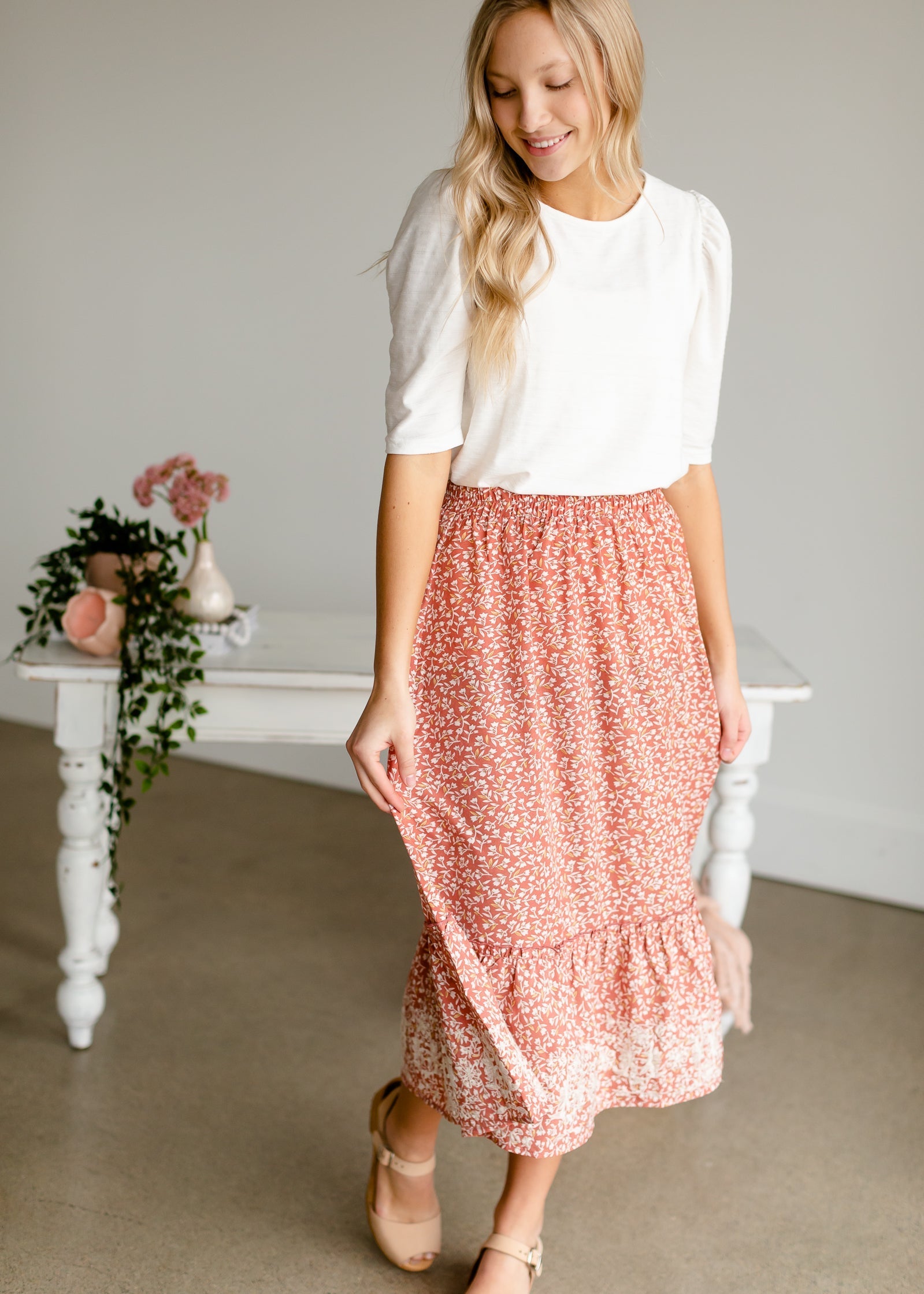 Embroidered Terracotta Tiered Midi Skirt Skirts