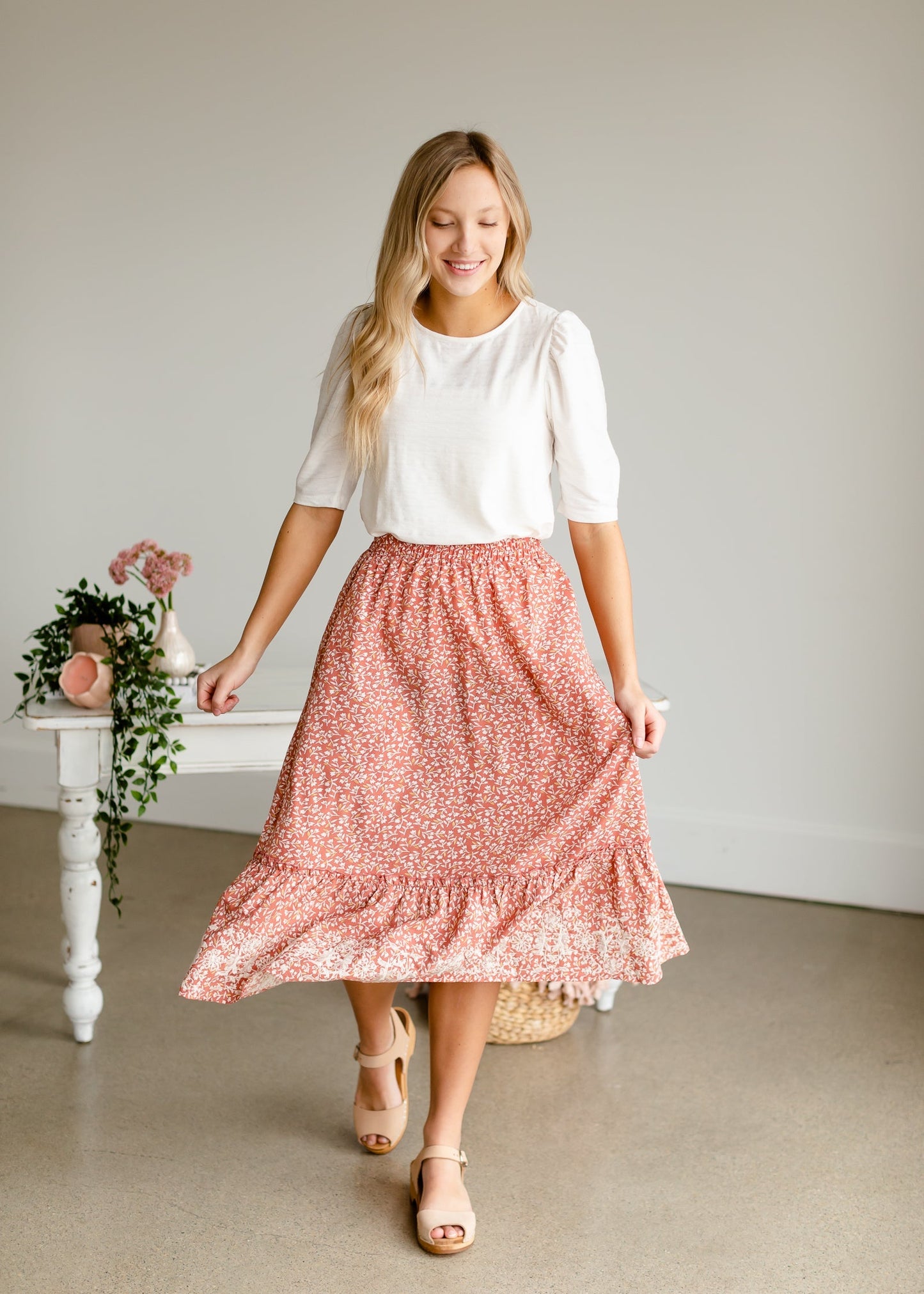 Embroidered Terracotta Tiered Midi Skirt Skirts