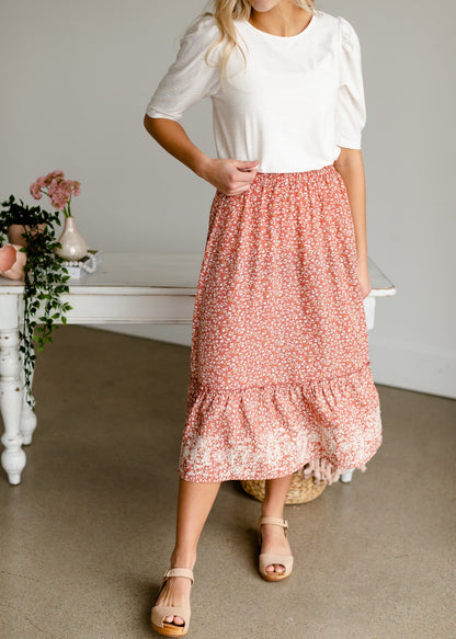 Embroidered Terracotta Tiered Midi Skirt Skirts