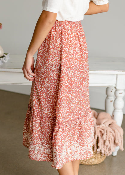 Embroidered Terracotta Tiered Midi Skirt Skirts