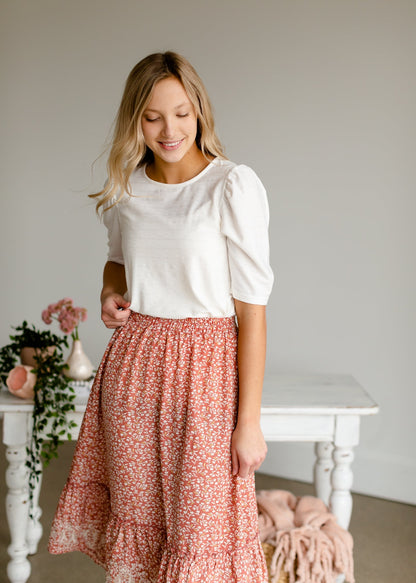 Embroidered Terracotta Tiered Midi Skirt Skirts