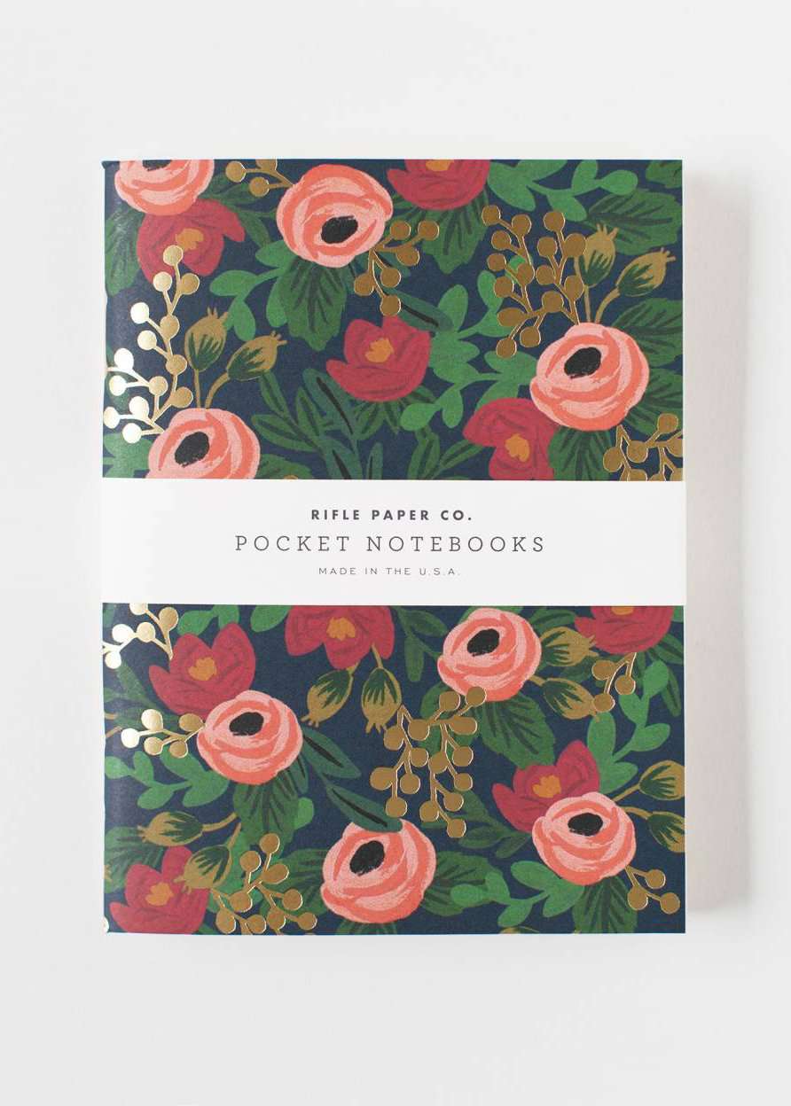 Modest and affordable rifle paper gold polka dot and black floral notebook