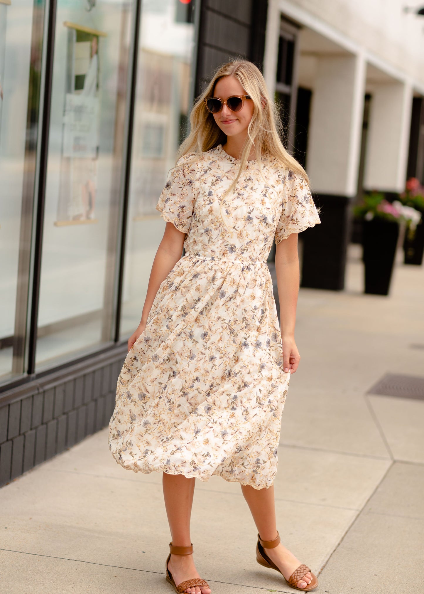 Eyelet Floral Print Midi Dress Dresses