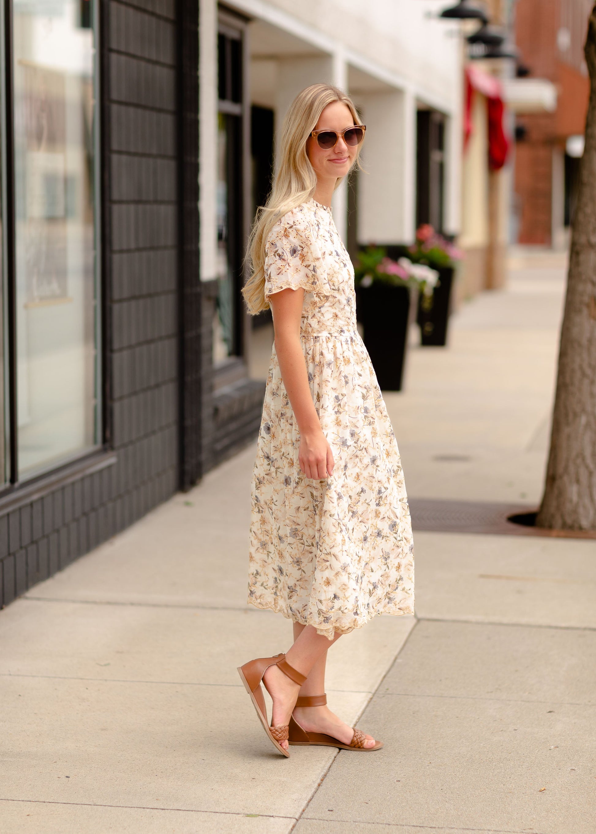 Eyelet Floral Print Midi Dress Dresses