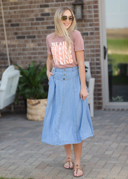 Faux Button Flowy Chambray Midi Skirt Skirts