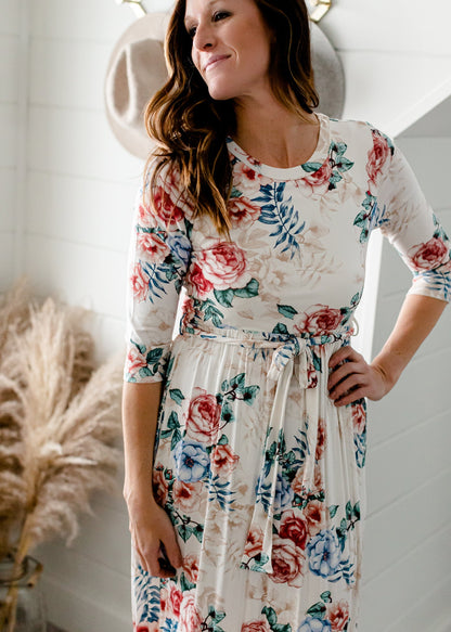 Floral 3/4 Sleeve Belted Maxi Dress - FINAL SALE Dresses