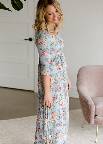 Floral 3/4 Sleeve Empire Waist Maxi Dress Dresses