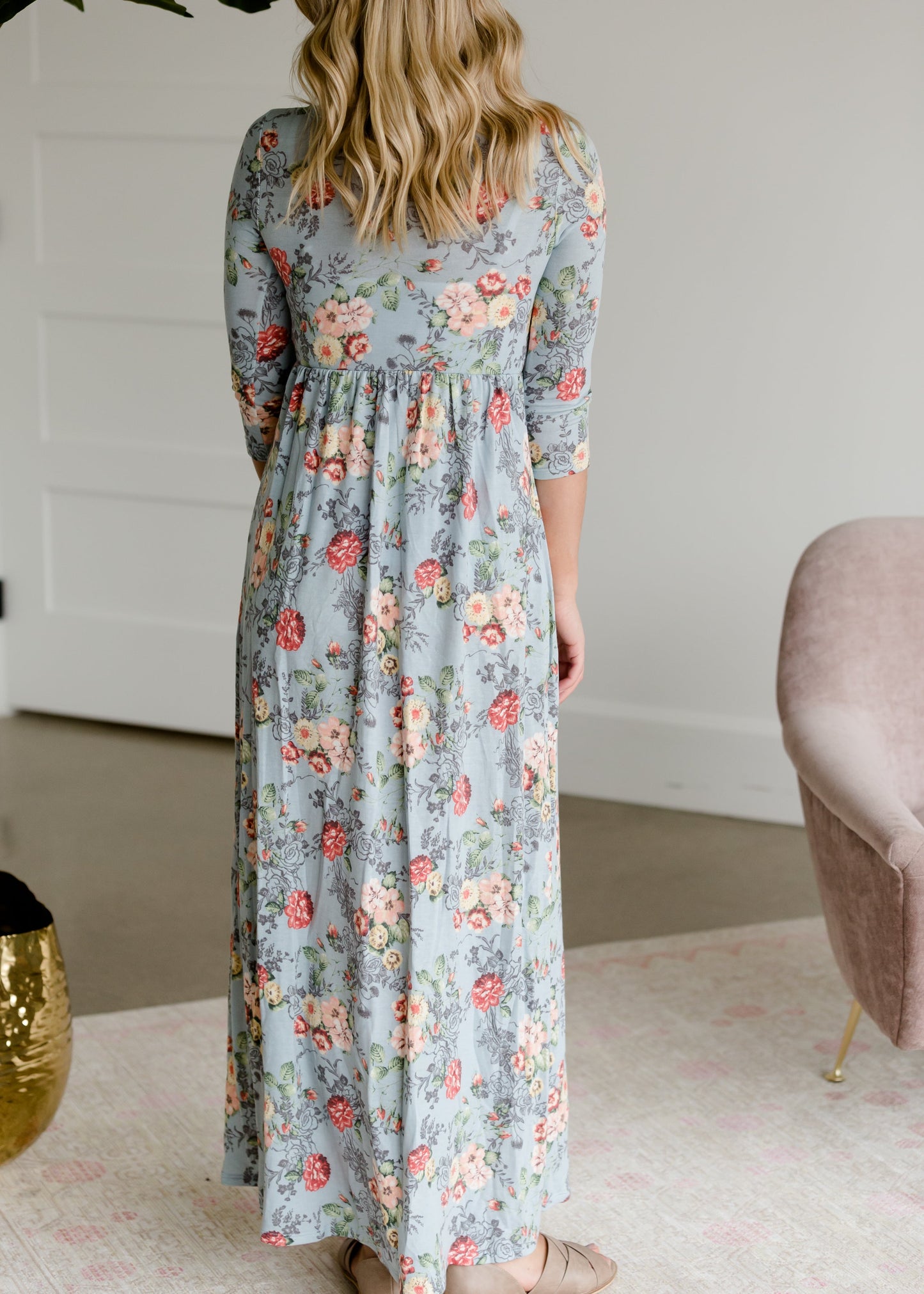 Floral 3/4 Sleeve Empire Waist Maxi Dress Dresses