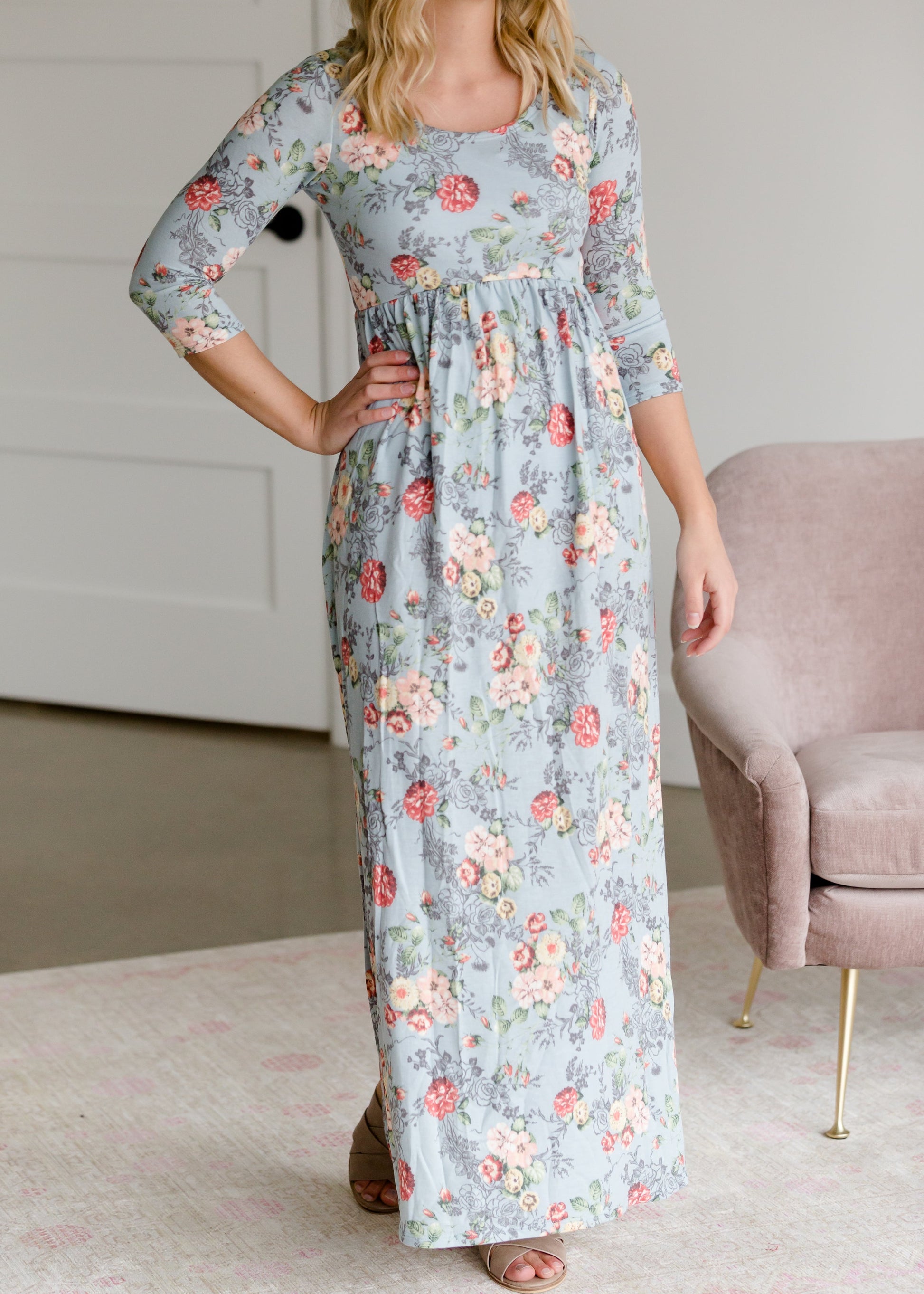 Floral 3/4 Sleeve Empire Waist Maxi Dress Dresses