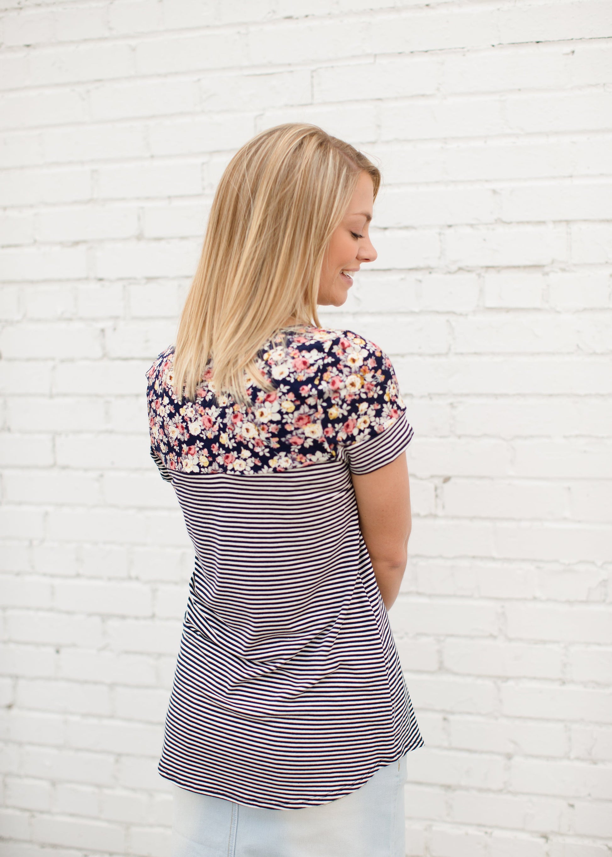 Navy Striped Modest Tee with a Floral Top and Pocket 