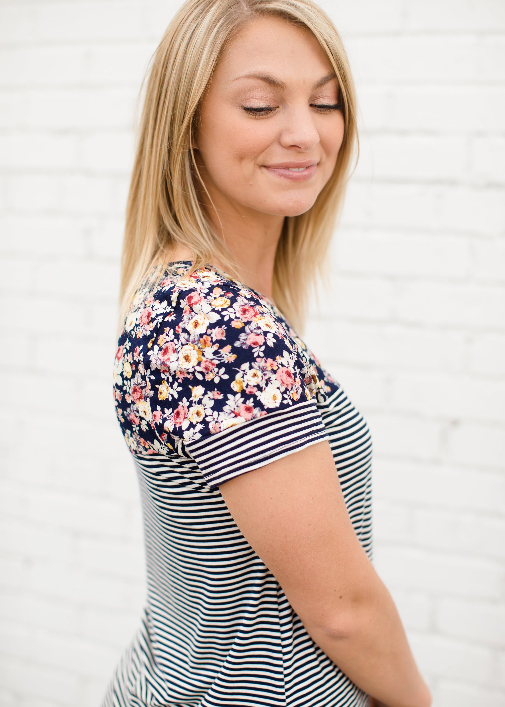 Navy Striped Modest Tee with a Floral Top and Pocket 